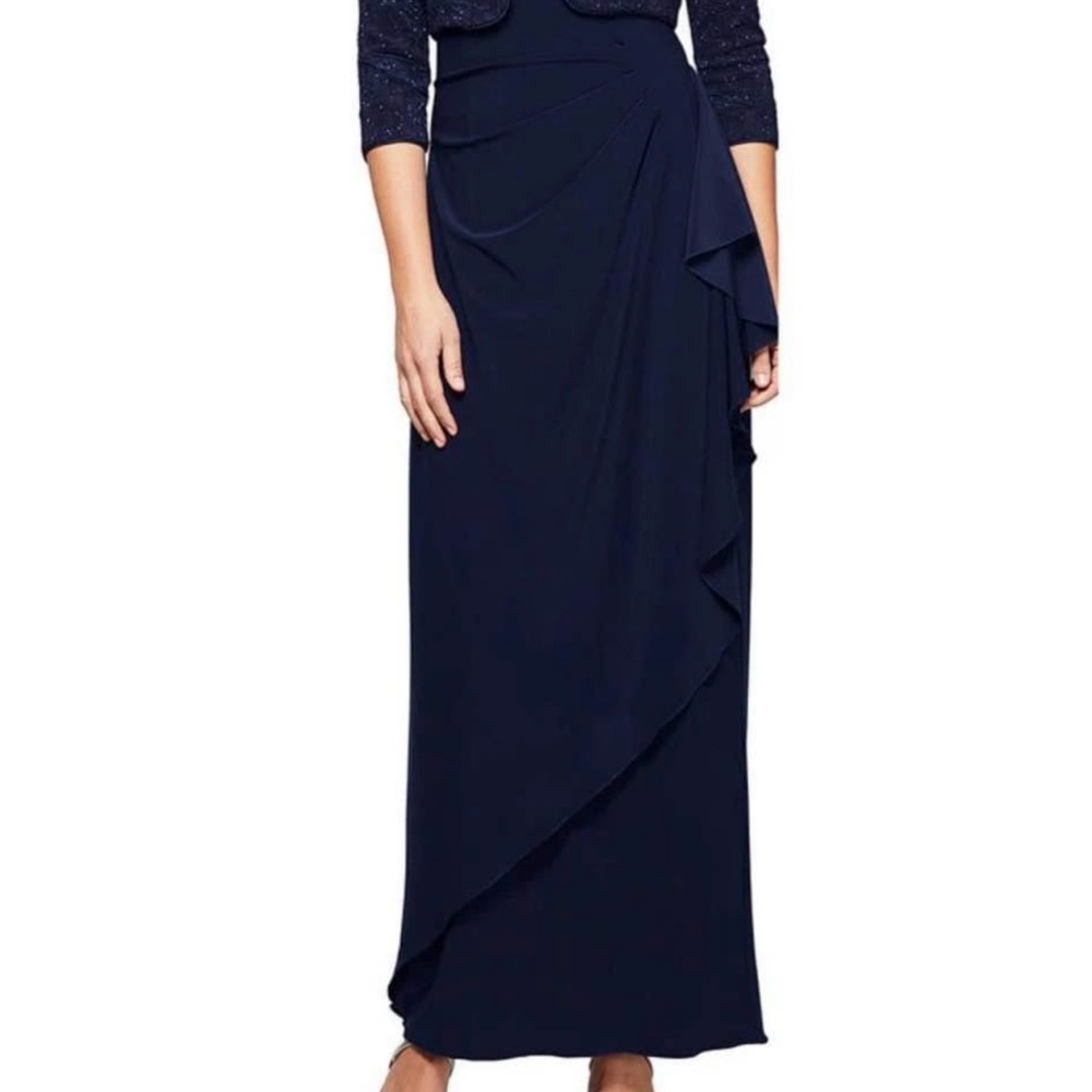 Alex Evenings Petite Glitter Jacquard Knit & Matte Jersey Gown w/Bolero Jacket